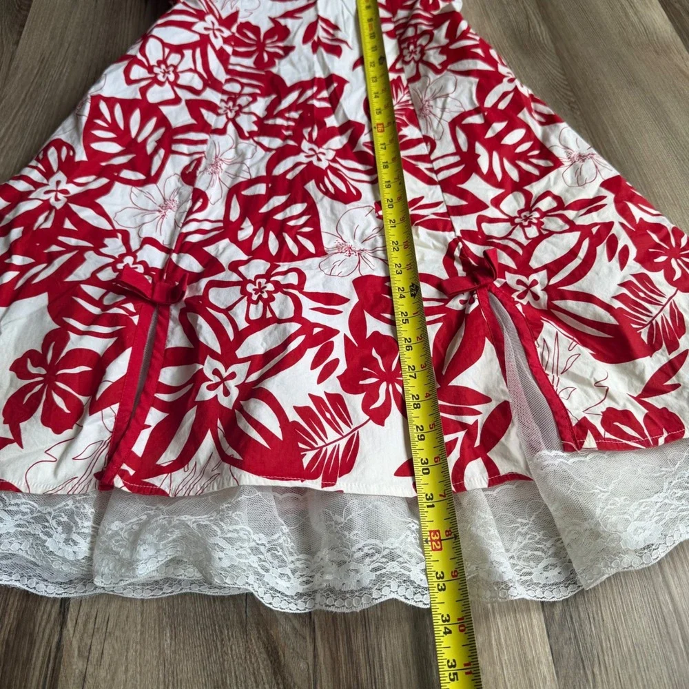 Vintage Byer California IZ Red White Tropical Floral Strapless Lace Trim Dress 9 - Picture 5 of 8